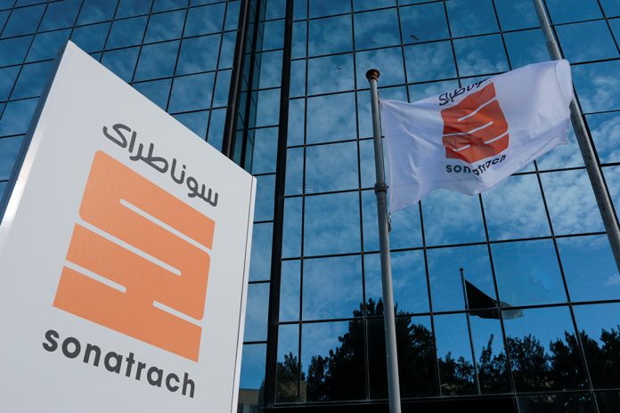 The logo of the state energy company Sonatrach is pictured at the headquarters in Algiers